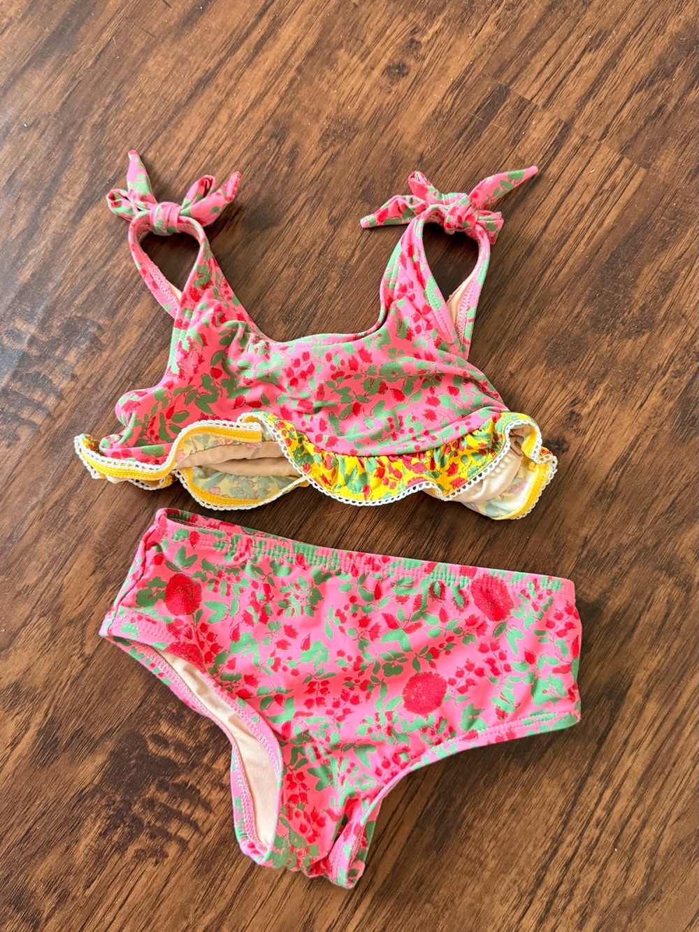 Roller Rabbit Roberta Kids Floral Pink & Green Bikini with Yellow Ruffle
